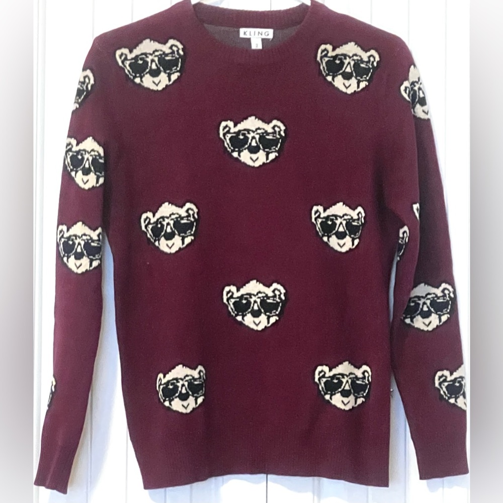 Cottagecore Sweater Women Sz 2 Small Cool Bear Sunglasses Novelty Print Kidcore - Picture 2 of 10